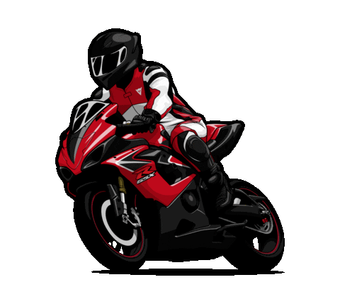 Motociclista con tuta rossa e nera, In sella ad una mano rossa e nera